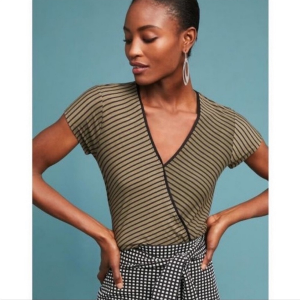 Anthropologie Maeve Army Green Black Stripe Top